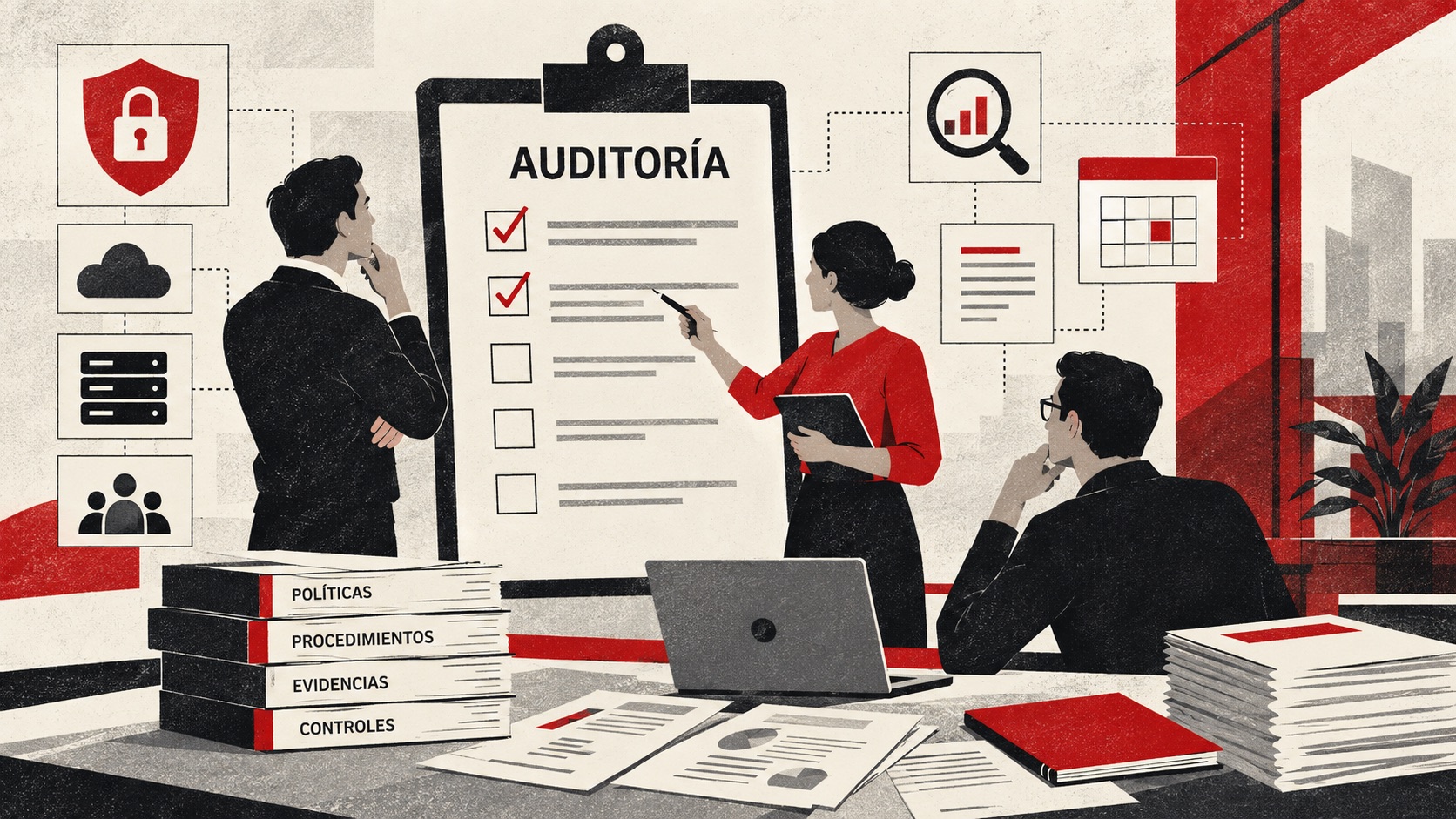 Team reviewing controls, policies, procedures and evidence for a security audit